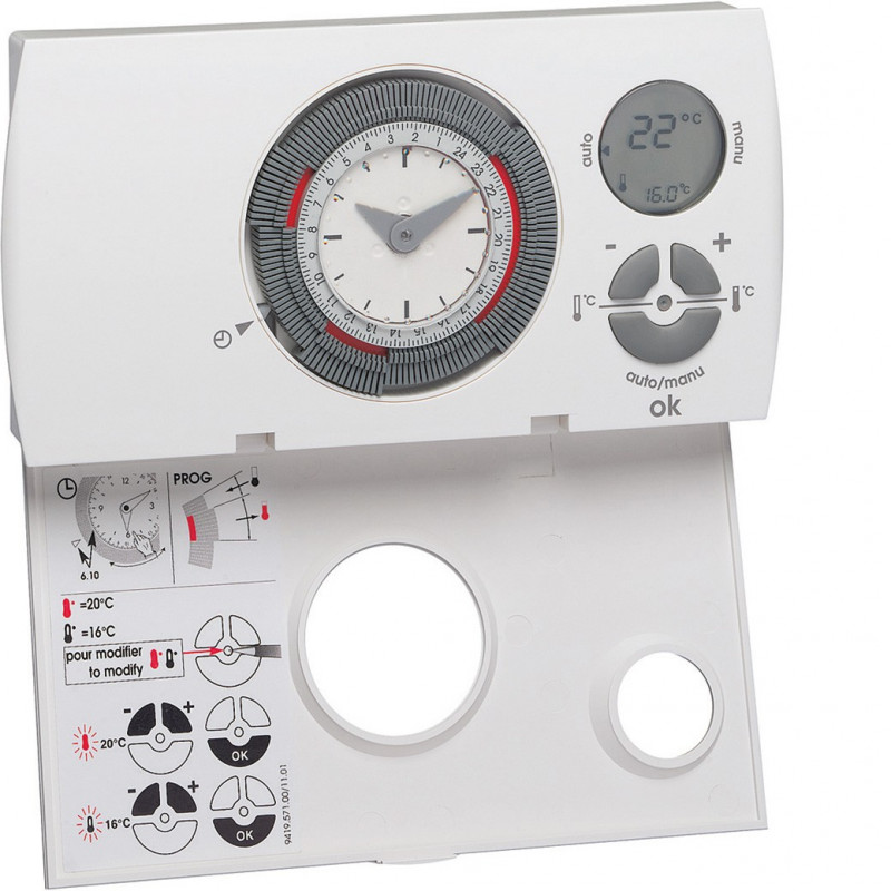 Thermostat ambiance prog analog chauf eau chaude 2 fils sur 7j alim piles  (56571)