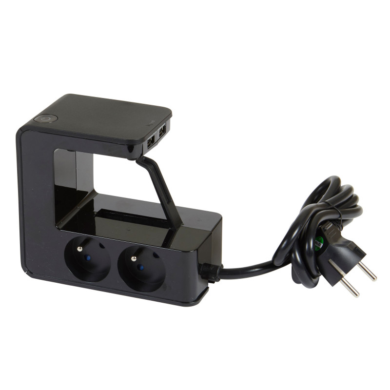 Rallonge multiprise clipsable avec 4 prises 2P+T, 2 ports USB Type A et un  interrupteur lumineux noir (050412)
